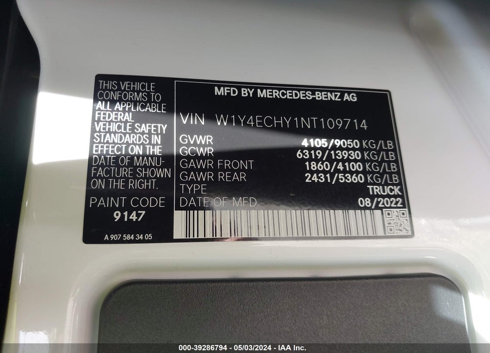 2022 MERCEDES-BENZ SPRINTER 2500 HIGH ROOF V6 VIN: W1Y4ECHY1NT109714