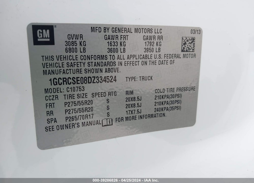 2013 CHEVROLET SILVERADO 1500 LT VIN: 1GCRCSE08DZ334524