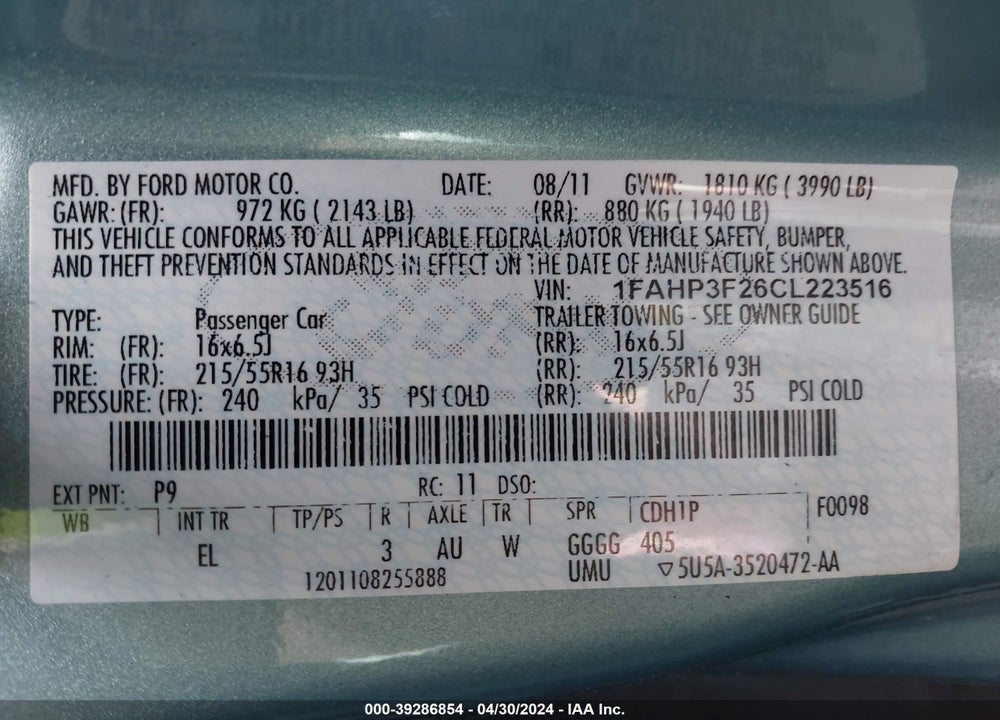 2012 FORD FOCUS SE VIN: 1FAHP3F26CL223516