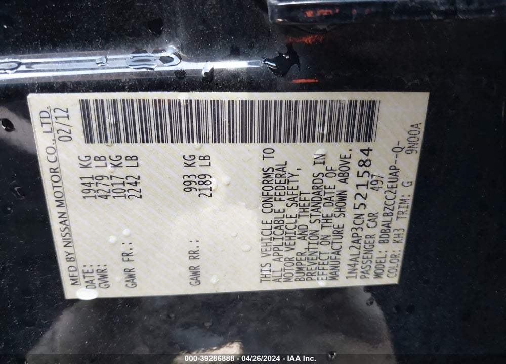 2012 NISSAN ALTIMA 2.5 S VIN: 1N4AL2AP3CN521584
