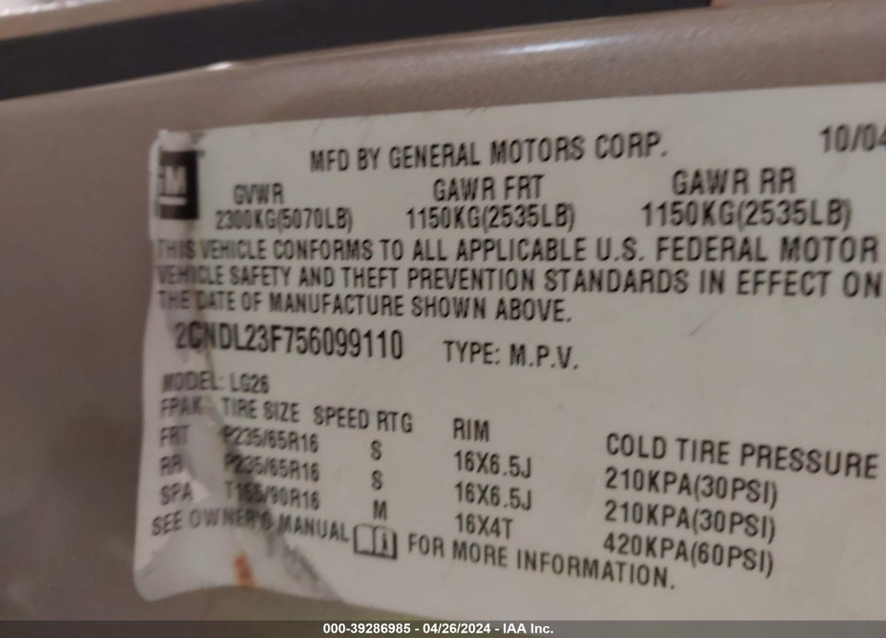 2005 CHEVROLET EQUINOX LS VIN: 2CNDL23F756099110