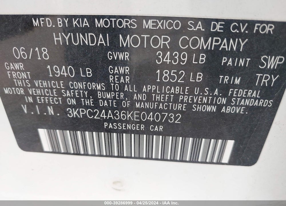 2019 HYUNDAI ACCENT SE VIN: 3KPC24A36KE040732