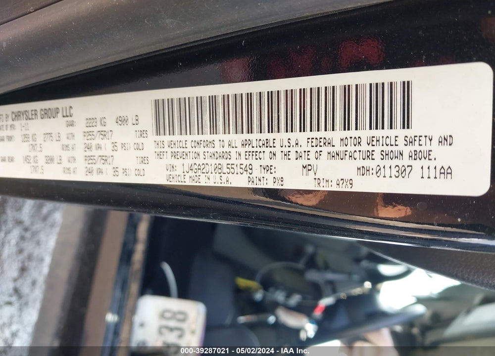 2011 JEEP WRANGLER SPORT VIN: 1J4GA2D10BL551549