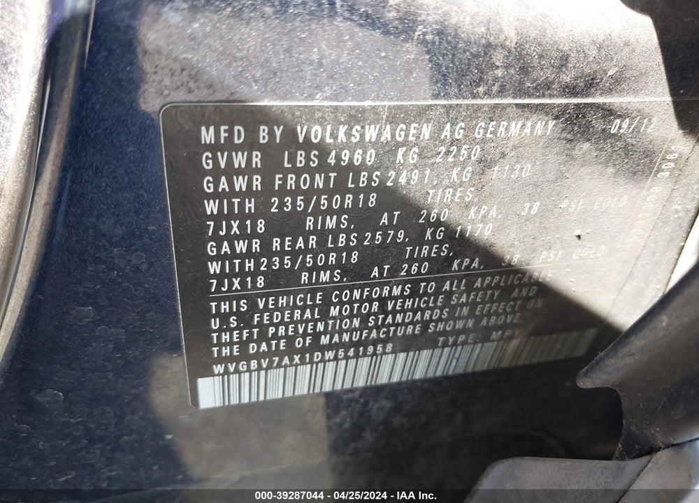 2013 VOLKSWAGEN TIGUAN SE VIN: WVGBV7AX1DW541958