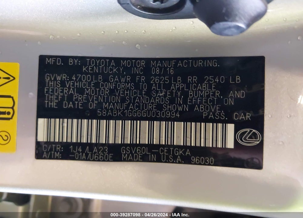 2016 LEXUS ES 350 VIN: 58ABK1GG6GU030994