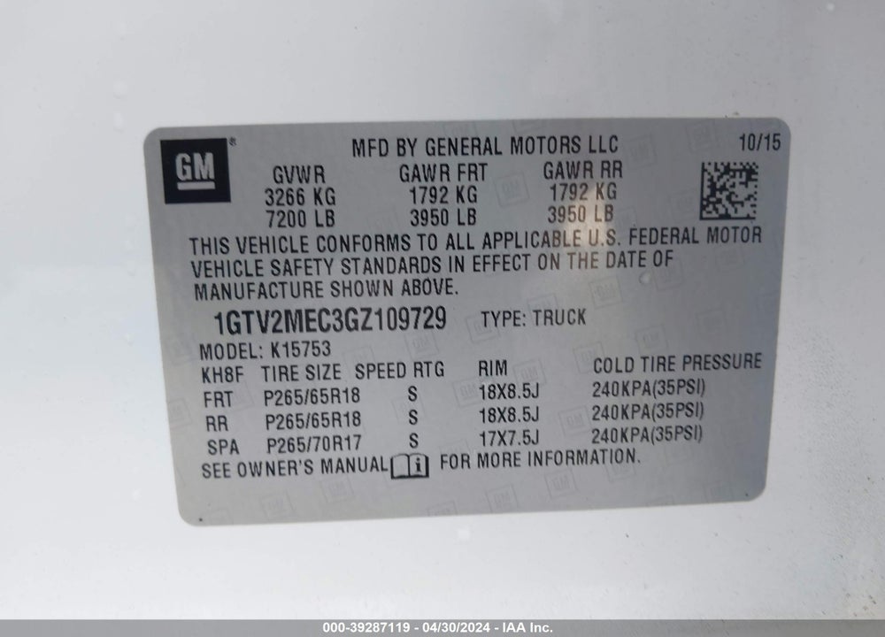 2016 GMC SIERRA 1500 SLE VIN: 1GTV2MEC3GZ109729