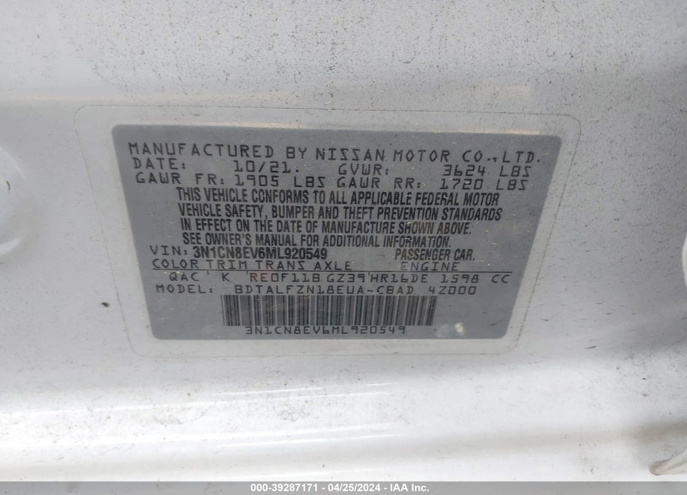 2021 NISSAN VERSA SV XTRONIC CVT VIN: 3N1CN8EV6ML920549