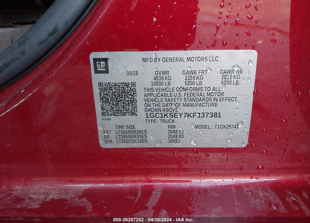 2019 CHEVROLET SILVERADO 2500HD LT VIN: 1GC1KSEY7KF137381