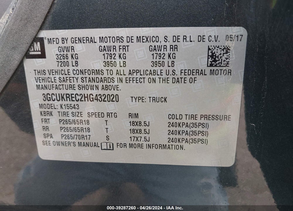 2017 CHEVROLET SILVERADO 1500 2LT VIN: 3GCUKREC2HG432020