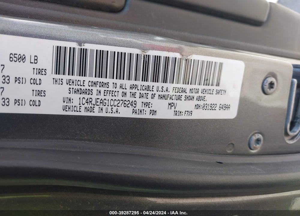 2012 JEEP GRAND CHEROKEE LAREDO VIN: 1C4RJEAG1CC276249