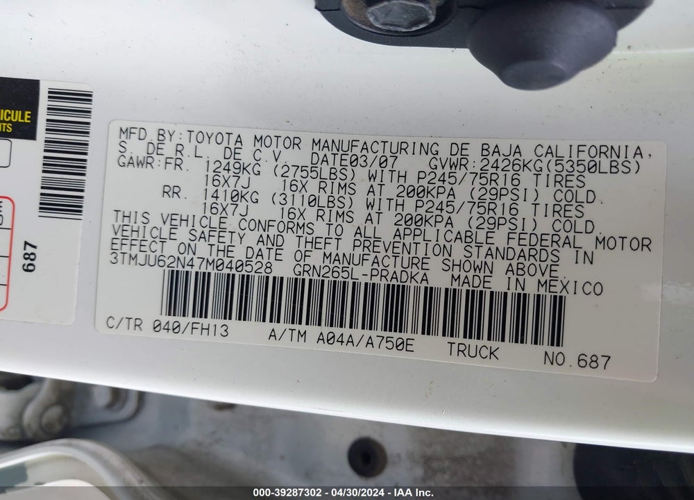 2007 TOYOTA TACOMA PRERUNNER V6 VIN: 3TMJU62N47M040528