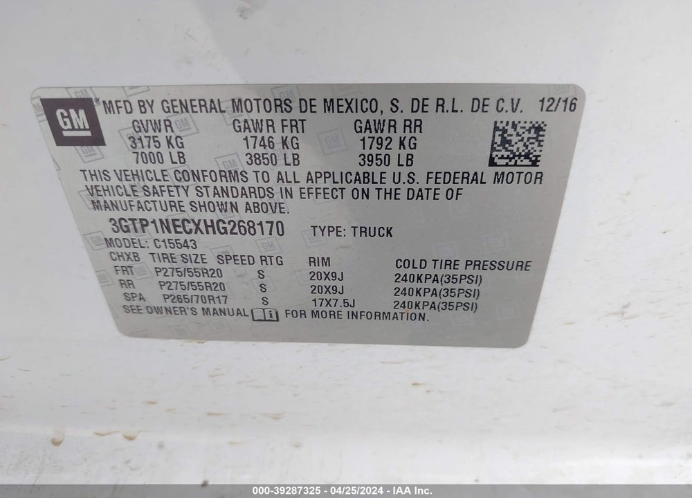 2017 GMC SIERRA 1500 SLT VIN: 3GTP1NECXHG268170