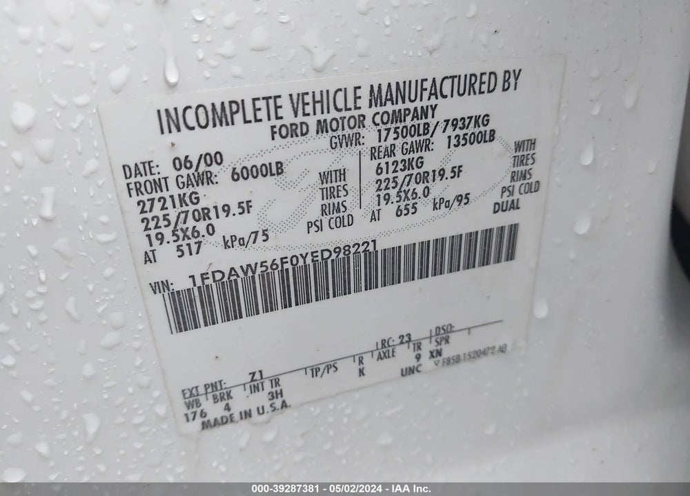2000 FORD F 550 VIN: 1FDAW56F0YED98221
