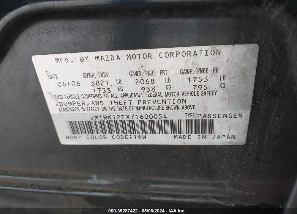 2007 MAZDA 3 I SPORT VIN: JM1BK12FX71600054