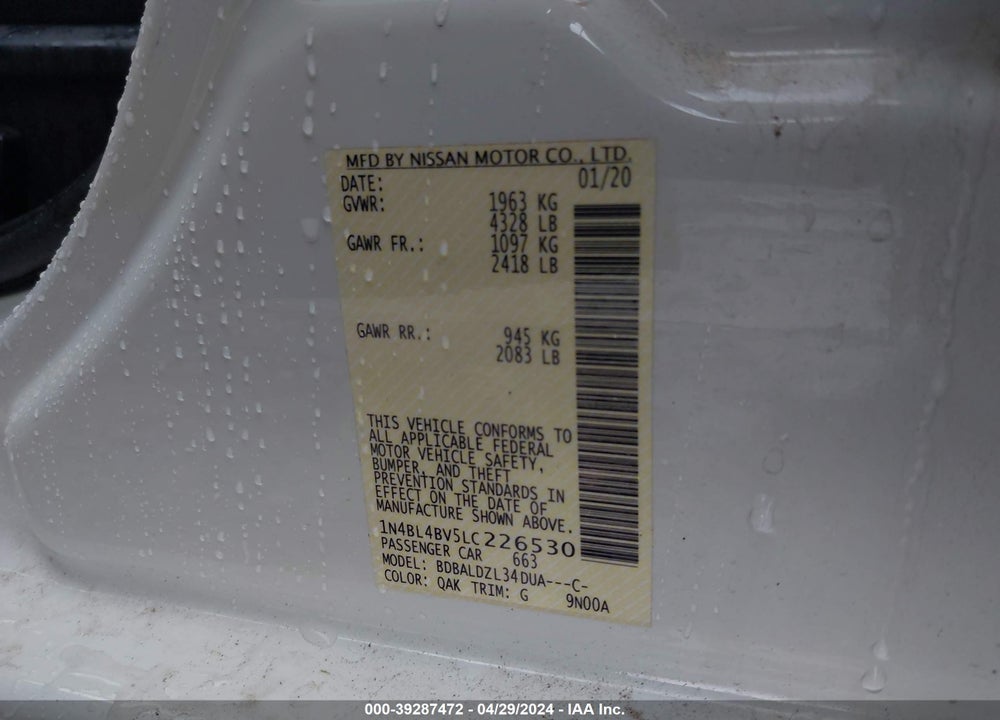 2020 NISSAN ALTIMA S FWD VIN: 1N4BL4BV5LC226530