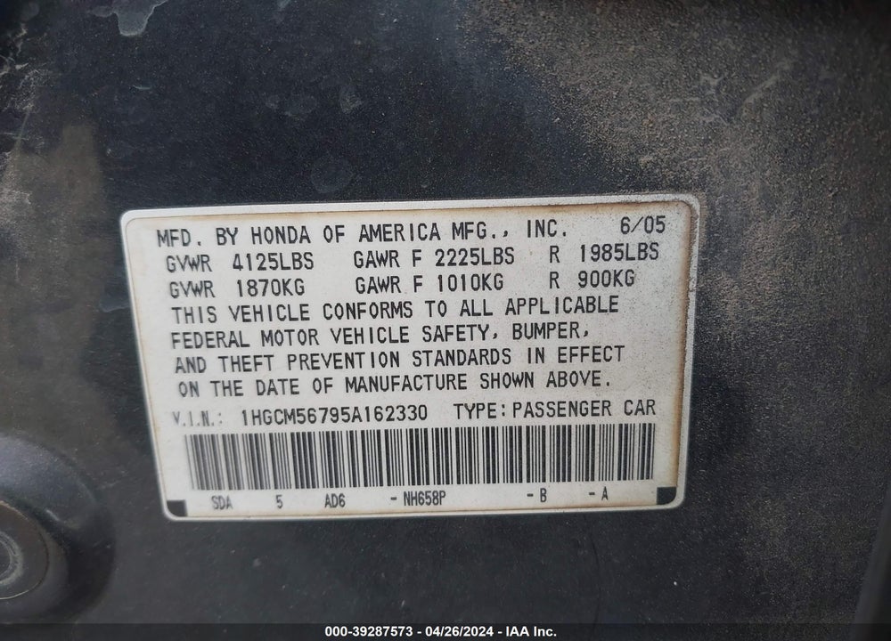 2005 HONDA ACCORD 2.4 EX VIN: 1HGCM56795A162330