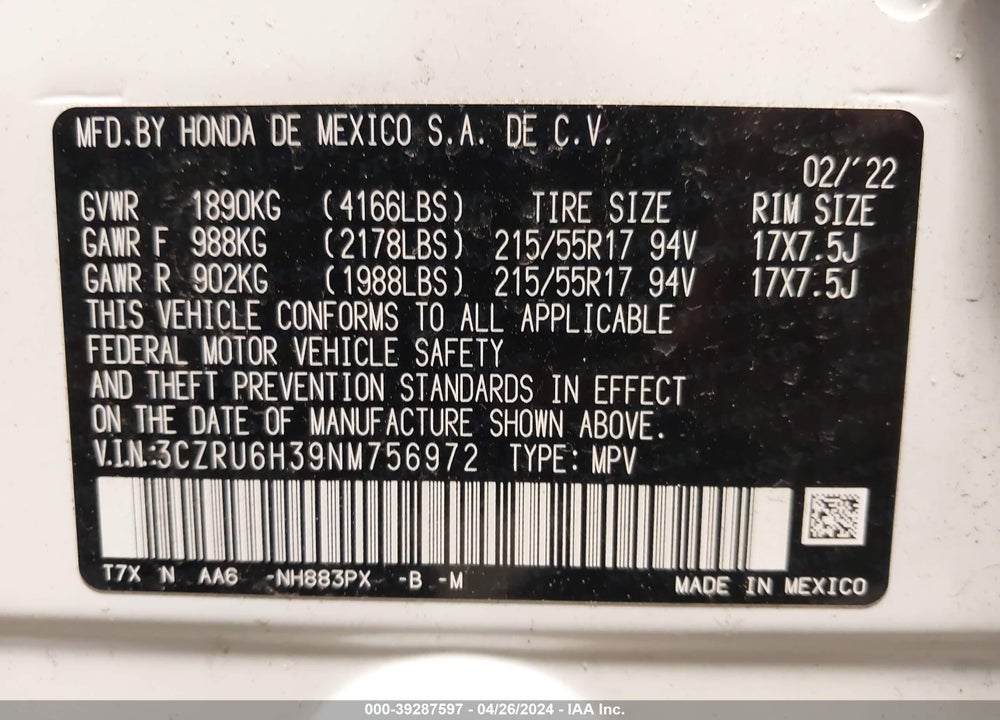 2022 HONDA HR-V AWD LX VIN: 3CZRU6H39NM756972