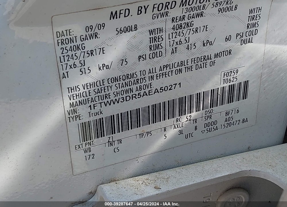 2010 FORD F-350 KING RANCH/LARIAT/XL/XLT VIN: 1FTWW3DR5AEA50271