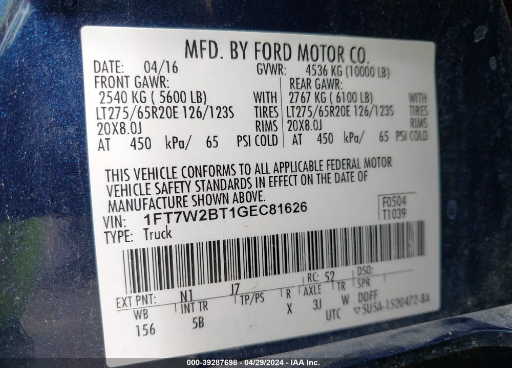 2016 FORD F-250 LARIAT VIN: 1FT7W2BT1GEC81626