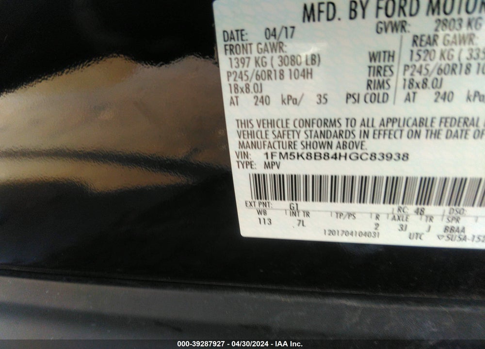 2017 FORD EXPLORER VIN: 1FM5K8B84HGC83938