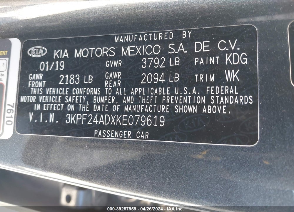2019 KIA FORTE LXS VIN: 3KPF24ADXKE079619