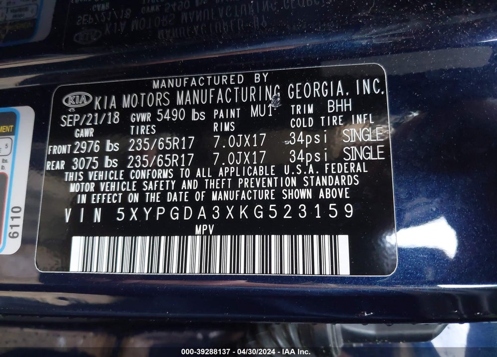 2019 KIA SORENTO 2.4L LX VIN: 5XYPGDA3XKG523159