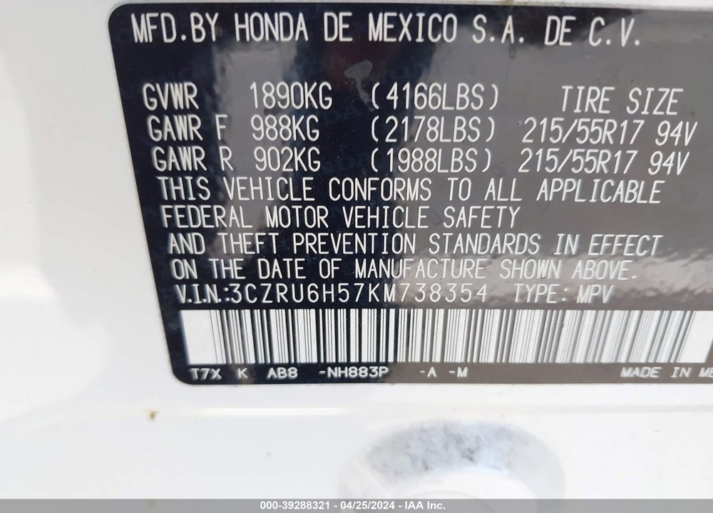 2019 HONDA HR-V EX VIN: 3CZRU6H57KM738354