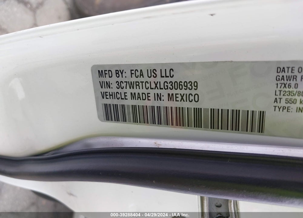 2020 RAM 3500 CHASSIS TRADESMAN/SLT/LAIE/LIMITED VIN: 3C7WRTCLXLG306939