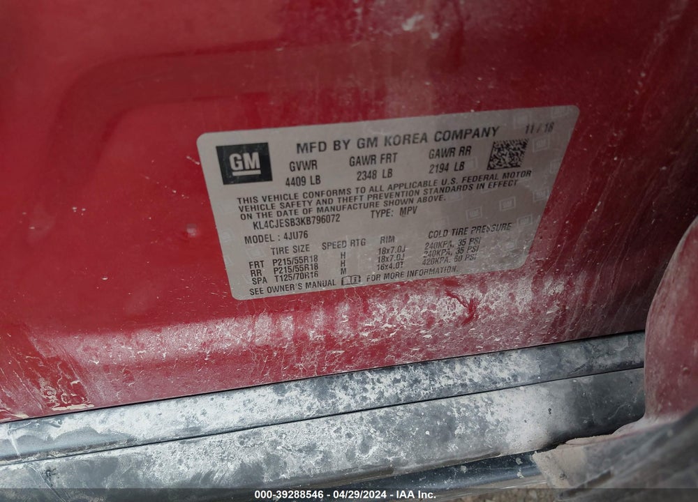 2019 BUICK ENCORE AWD PREFERRED VIN: KL4CJESB3KB796072