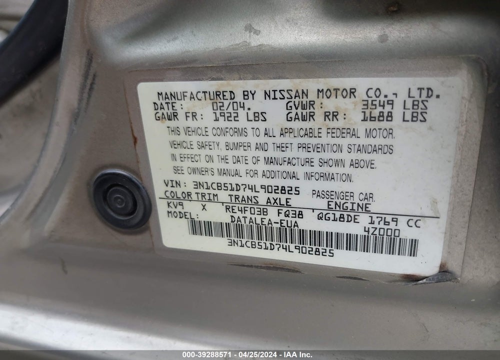 2004 NISSAN SENTRA 1.8S VIN: 3N1CB51D74L902825