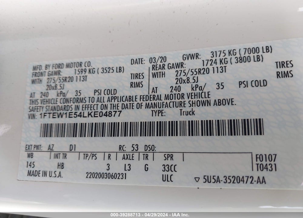 2020 FORD F-150 LARIAT VIN: 1FTEW1E54LKE04877