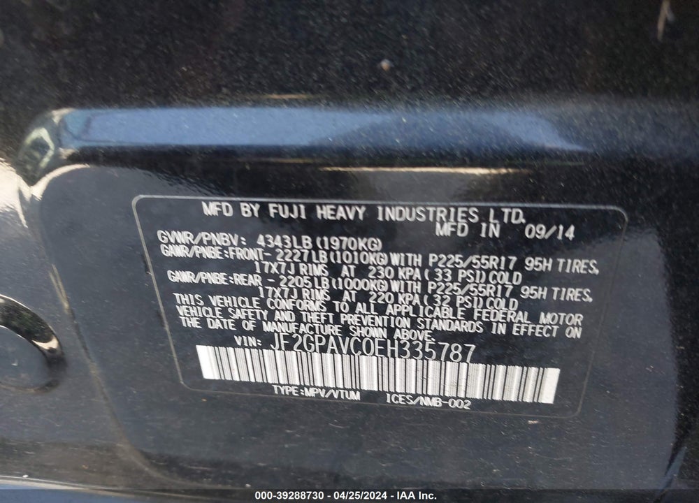 2014 SUBARU XV CROSSTREK 2.0I PREMIUM VIN: JF2GPAVC0EH335787