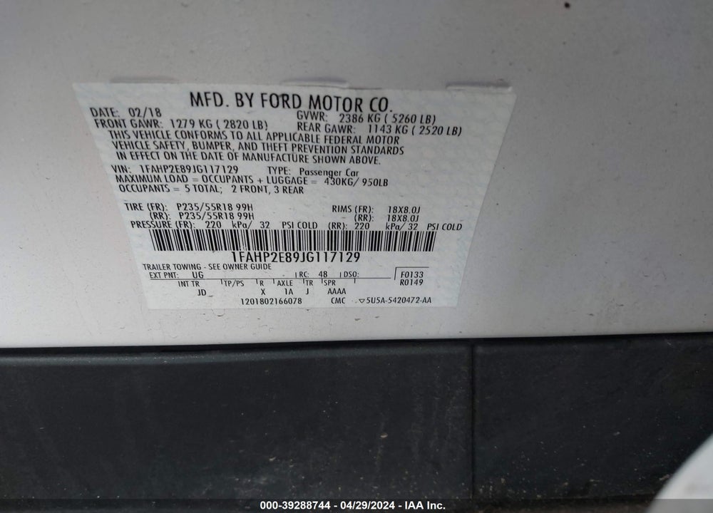 2018 FORD TAURUS SEL VIN: 1FAHP2E89JG117129