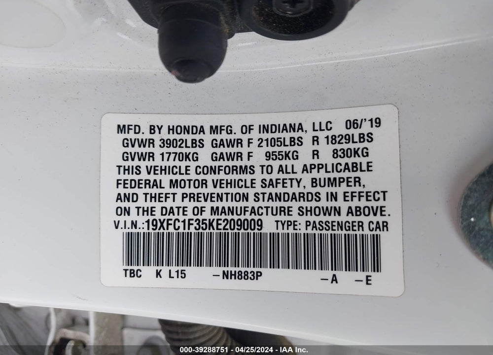 2019 HONDA CIVIC EX VIN: 19XFC1F35KE209009
