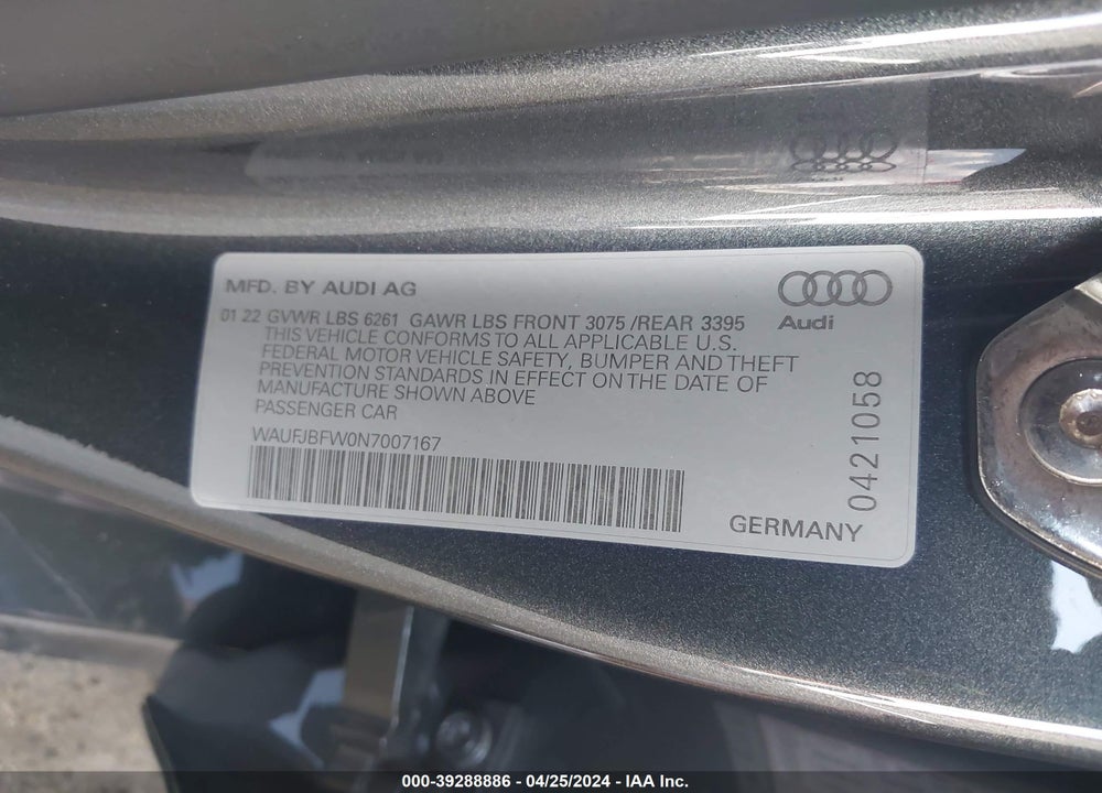 2022 AUDI E-TRON GT PREMIUM PLUS QUATTRO VIN: WAUFJBFW0N7007167