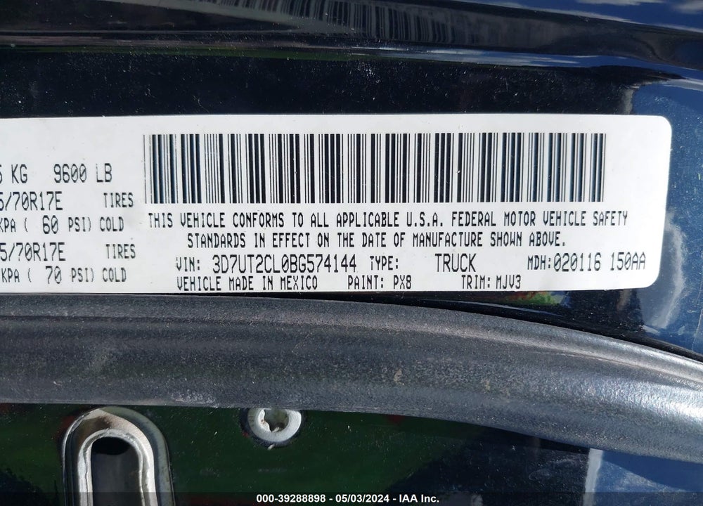 2011 RAM 2500 SLT VIN: 3D7UT2CL0BG574144