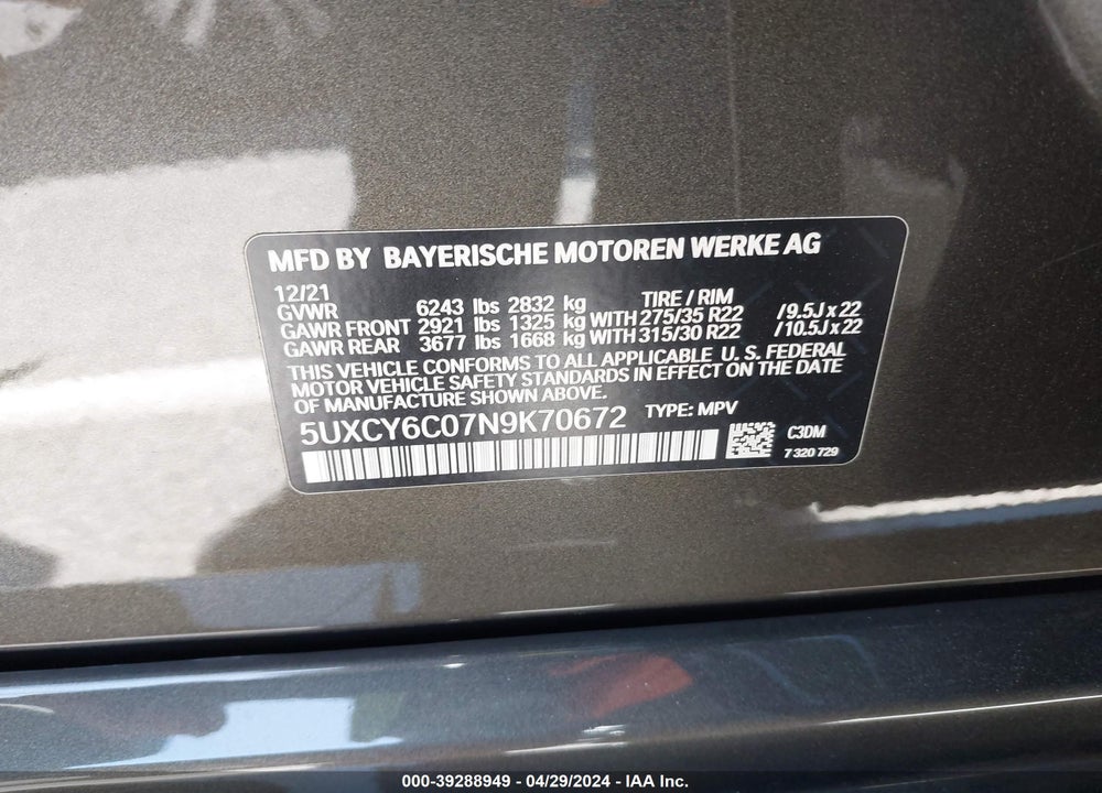 2022 BMW X6 XDRIVE40I VIN: 5UXCY6C07N9K70672