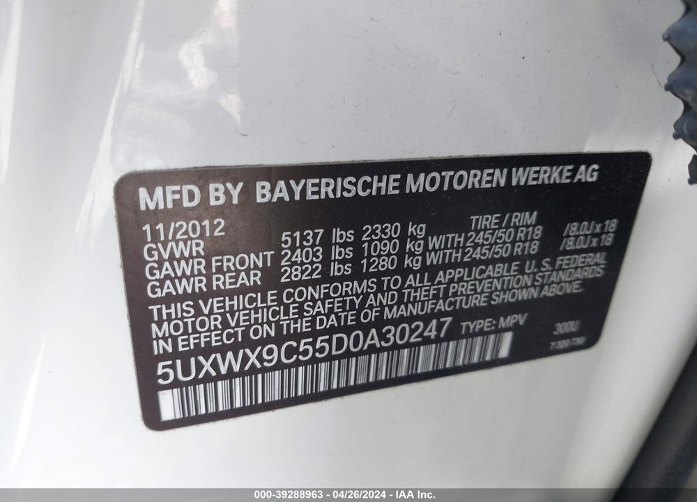 2013 BMW X3 XDRIVE28I VIN: 5UXWX9C55D0A30247