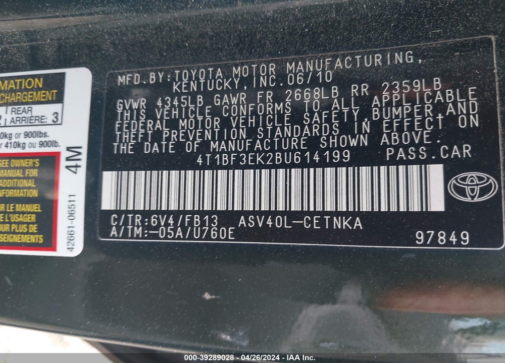 2011 TOYOTA CAMRY LE VIN: 4T1BF3EK2BU614199