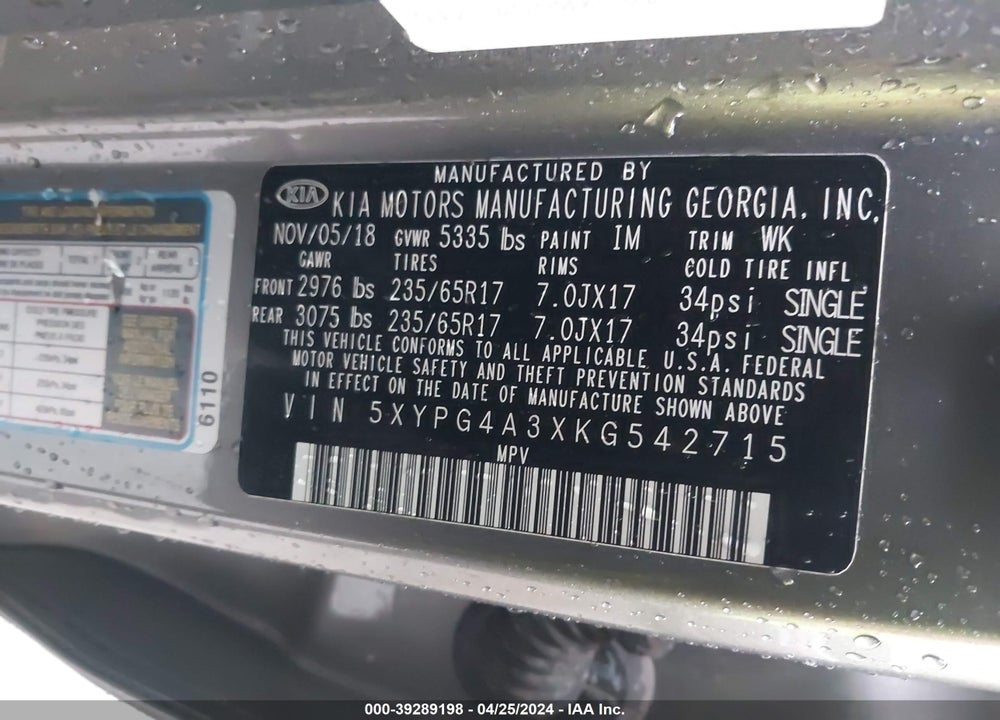 2019 KIA SORENTO 2.4L LX VIN: 5XYPG4A3XKG542715