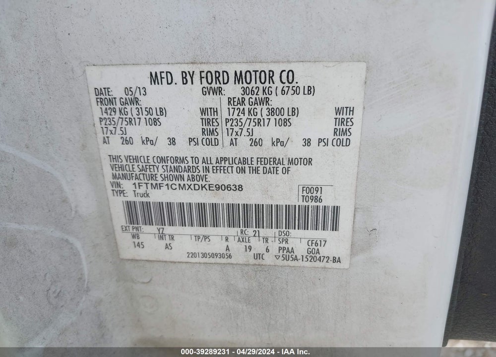 2013 FORD F-150 XL VIN: 1FTMF1CMXDKE90638