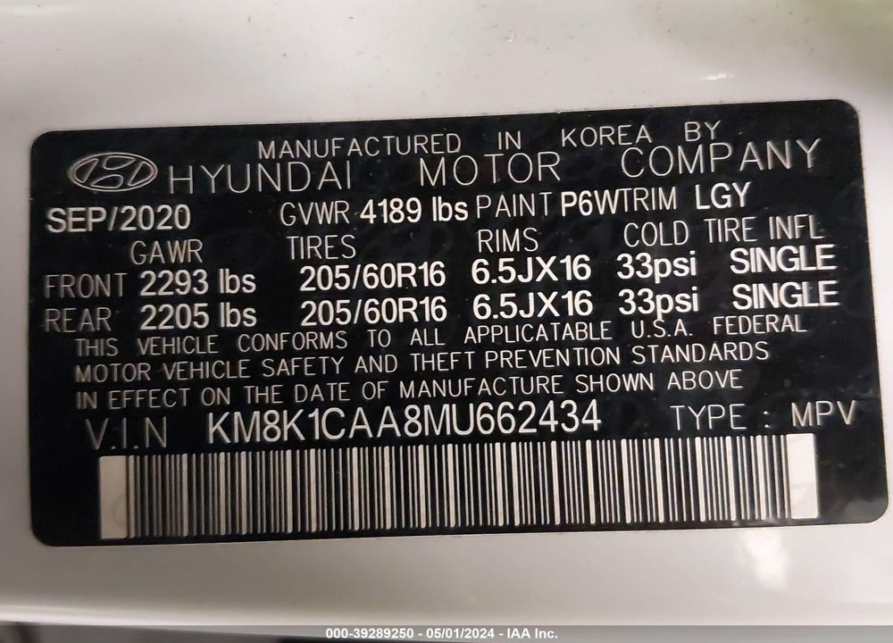 2021 HYUNDAI KONA SE VIN: KM8K1CAA8MU662434