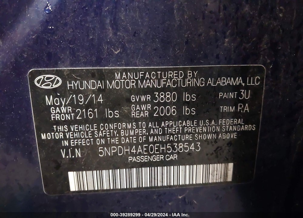 2014 HYUNDAI ELANTRA SE VIN: 5NPDH4AE0EH538543