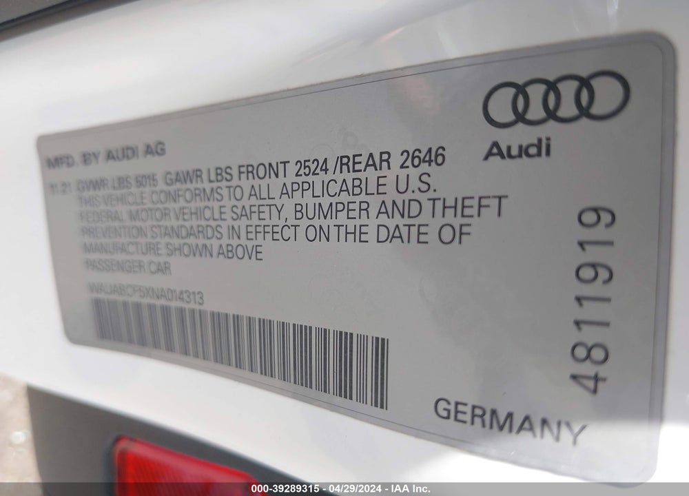 2022 AUDI A5 SPORTBACK PREMIUM 40 TFSI QUATTRO S TRONIC VIN: WAUABCF5XNA014313