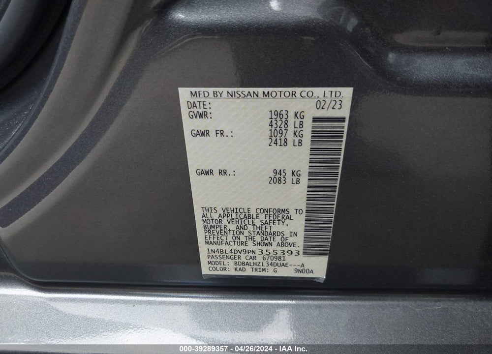 2023 NISSAN ALTIMA SV FWD VIN: 1N4BL4DV9PN355393