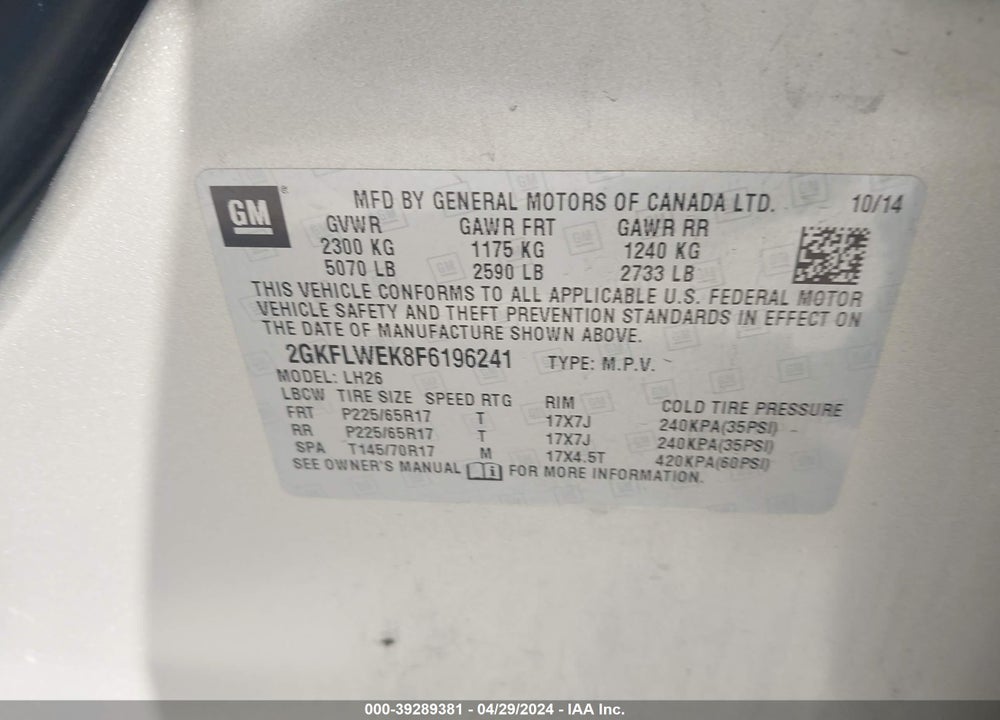 2015 GMC TERRAIN SLE-2 VIN: 2GKFLWEK8F6196241