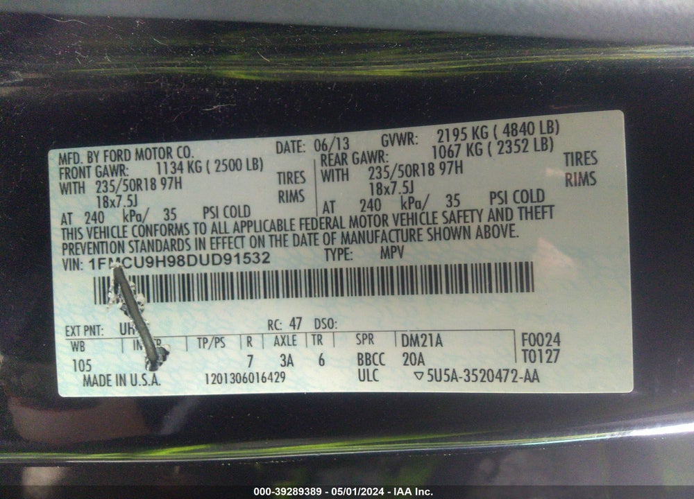 2013 FORD ESCAPE SEL VIN: 1FMCU9H98DUD91532