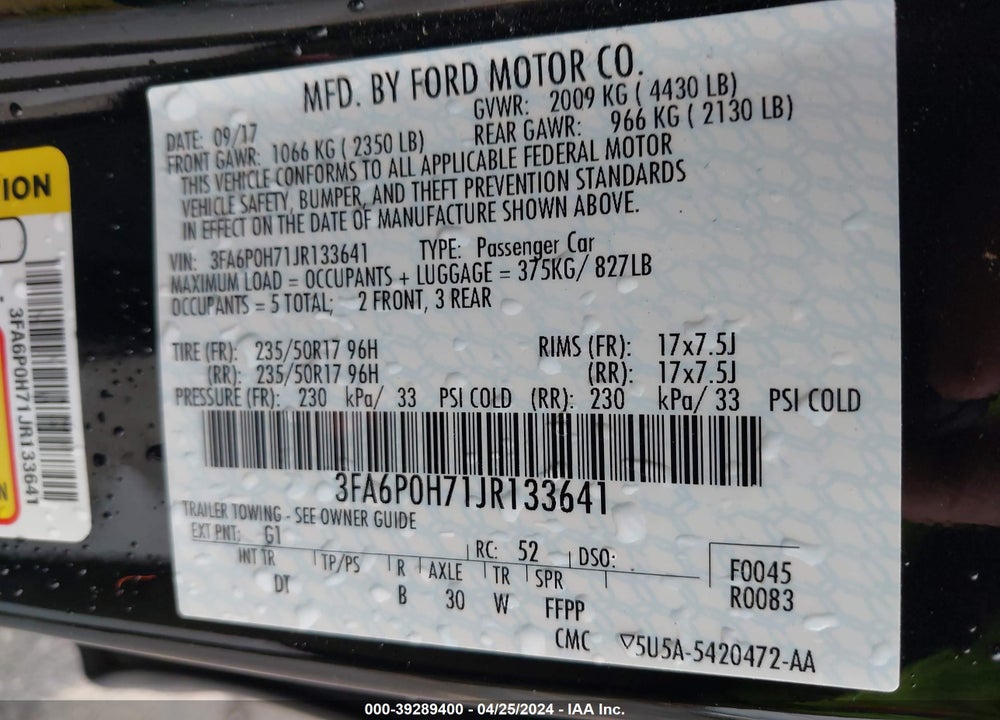 2018 FORD FUSION SE VIN: 3FA6P0H71JR133641