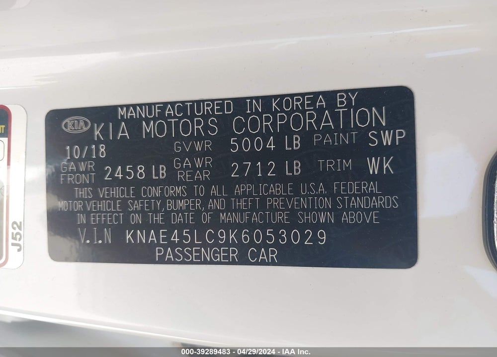 2019 KIA STINGER GT1 VIN: KNAE45LC9K6053029