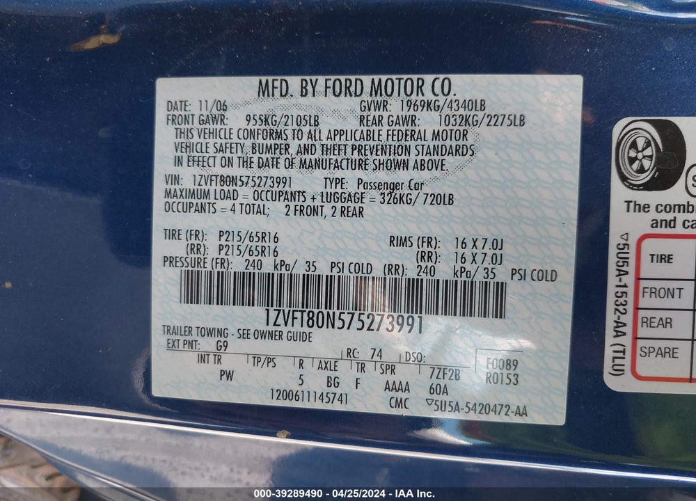 2007 FORD MUSTANG VIN: 1ZVFT80N575273991
